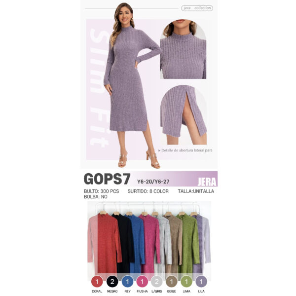 JERA-GOPS7 / VESTIDO BÁSICO DE MANGA-CUELLO LARGO Y ABERTURA EN LA PIERNA. Paquete 10pzs: $86 / 10 Paquetes: $82