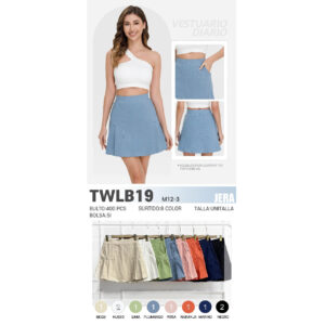 JERA-TWLB19 / FALDA DE MEZCLILLA TIRO ALTO CON BOLSILLOS. Paquete 10 pzs: $ 71 / 10 Paquetes: $ 67