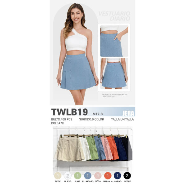 JERA-TWLB19 / FALDA DE MEZCLILLA TIRO ALTO CON BOLSILLOS. Paquete 10 pzs: $ 71 / 10 Paquetes: $ 67