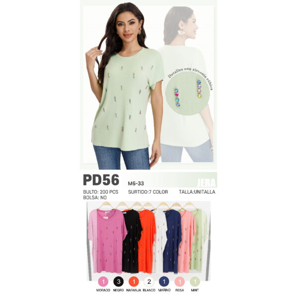 JERA-PD56/BLUSA BASICA DE DAMA CON DETALLES CON ZIRCONIA CUBICA Paquete 10pzs: $77 / 10 Paquetes: $73
