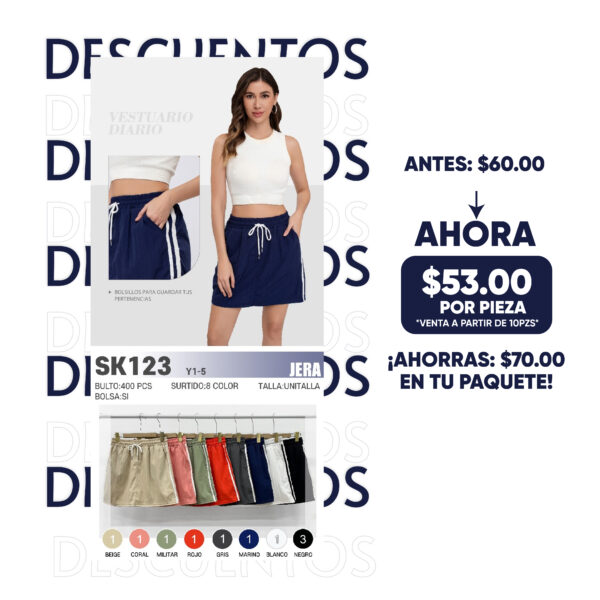 JERA-SK123 / FALDA AJUSTABLE CON BOLSILLOS. Paquete 10 pzs: $53 / 10 paquetes: $50