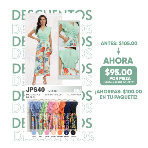 JERA-JPS40 / JUMPSUIT FRESCO CON CINTURON AJSUTABLE. Paquete 10 pzs: $95 / 10 Paquetes: $89