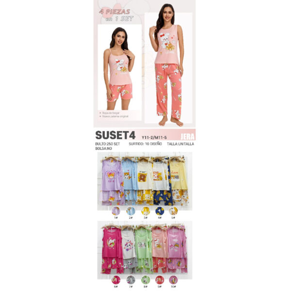 JERA-SUSET4 / PIJAMA ESTAMPADA DE 4 PIEZAS PARA DAMA. Paquete 10pzs: $86 / 10 Paquetes: $82